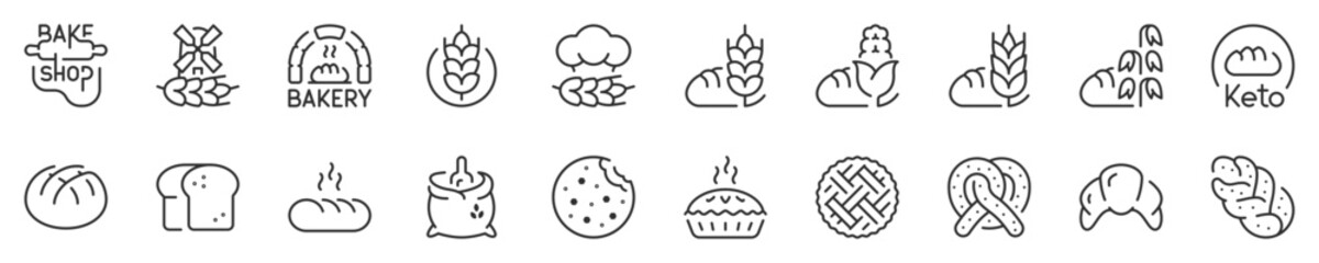 Line icons about bakery and breads. Thin line icon set. Symbol collection in transparent background. Editable vector stroke. 512x512 Pixel Perfect.