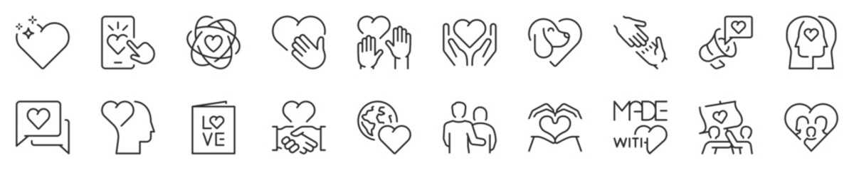 Line icons about love. Thin line icon set. Symbol collection in transparent background. Editable vector stroke. 512x512 Pixel Perfect.