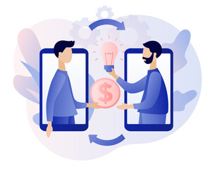 Money for ideas. Tiny people sell business idea. Exchange light bulb for coin. Investment in creative project or startup company. Modern flat cartoon style. Vector illustration on white background