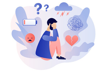 Depression mental. Depressed man sitting on floor. Mental health and psychotherapy concept. Anxiety, stress, emotional burnout and other psychological problems. Modern flat cartoon style. Vector 
