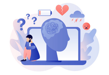 Depression mental. Depressed man sitting on laptop. Mental health and psychotherapy concept. Anxiety, stress, emotional burnout and other psychological problems. Modern flat cartoon style. Vector 