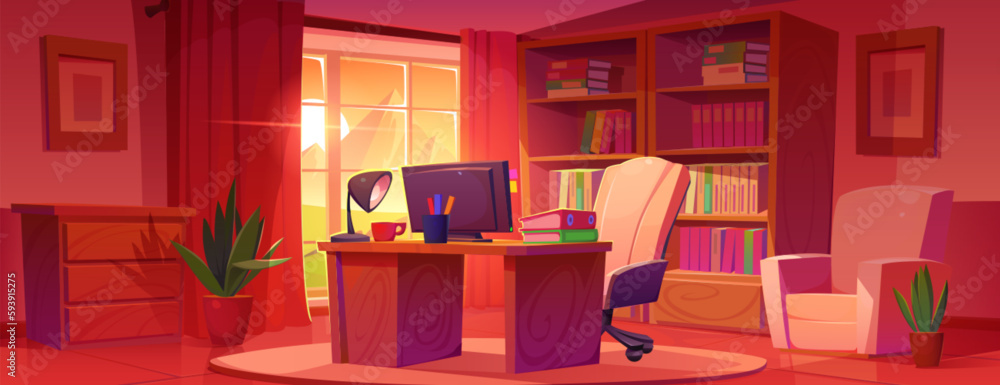 Aufkleber vector home office interior with desk in morning cartoon background. work table with computer and fu