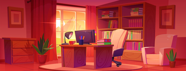 Naklejka na ściany i meble Vector home office interior with desk in morning cartoon background. Work table with computer and furniture in flat cabinet. Empty inside workplace with mountains view from window near bookshelf.