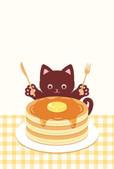 vector background with a cat eating pancakes for banners, cards, flyers, social media wallpapers, etc.