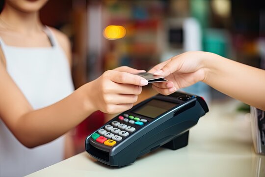 Hand using payment terminal device and credit card, side view close up, mobile payment ,Credit card payment , pos and customer hands, ai generative	