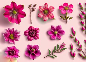 Obraz na płótnie Canvas collection of beautiful pink wax flower twigs in different positions, isolated floral design element, top view flat lay