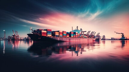 Container ship on the background of the port, carrying colorful containers. ai generated
