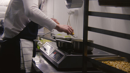 Chef cooks delicious meal on stove. Male cook works on kitchen, grates cheese in sauce or soup in...
