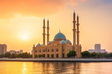 Fototapeta na wymiar blue mosque at sunset,ai generative