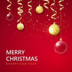 Christmas decorations glass baubles transparent ball, hang on gold ribbon.Holiday Christmas ball objects