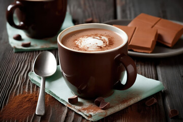 tasse de chocolat chaud maison sur une table en bois avec petite cuillère  - obrazy, fototapety, plakaty