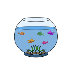 Glass aquarium with five fish inside on a white background. orange, green , purple , pink fish 