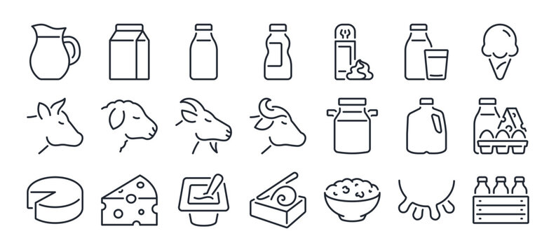 Dairy and milk products editable stroke outline icons set isolated on white background flat vector illustration. Pixel perfect. 64 x 64.