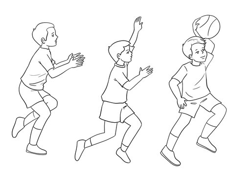 Painting activity with three boys playing basketball on white background