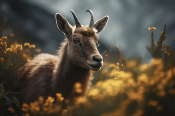 Steinbock in the Swiss Alps, foreground blurred with flowers. ai generative