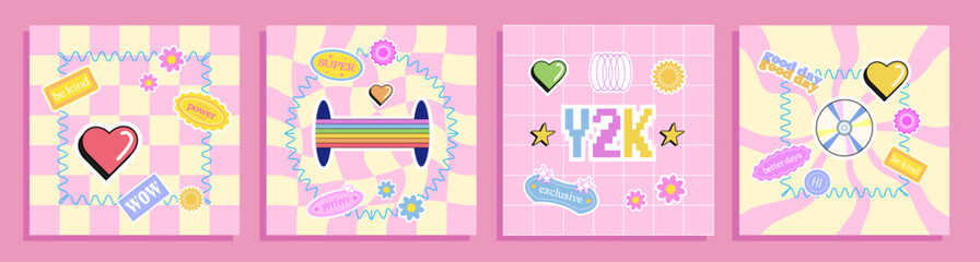 Collection of Y2K square decorative cards with stickers and objects, retro illustrations.