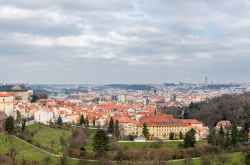 Fototapeta na wymiar Petrin Gardens and Prague Landscape from Above. Cityscape