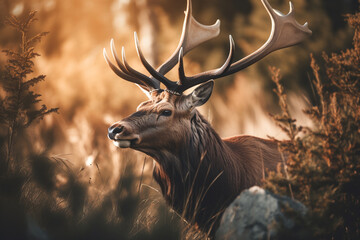 elk among autumn nature, close-up. ai generative