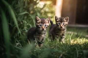 Fototapeta na wymiar two little cute kittens in green grass.ai generative