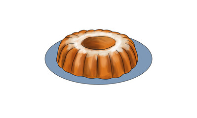 unsliced whole cake in circle shape out of mold on white background,