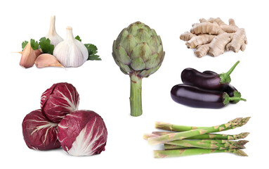 Collage with many fresh vegetables on white background