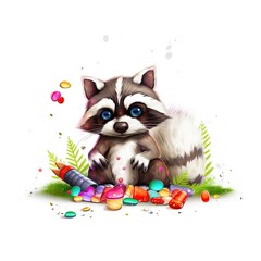 Fototapeta na wymiar raccoon eating candy, isolated design