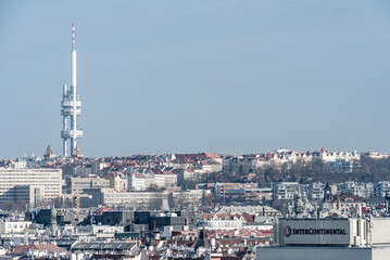 Cityscape of Prague on Letne Park, Letenske sady. Prague Metronome. TV Tower in background