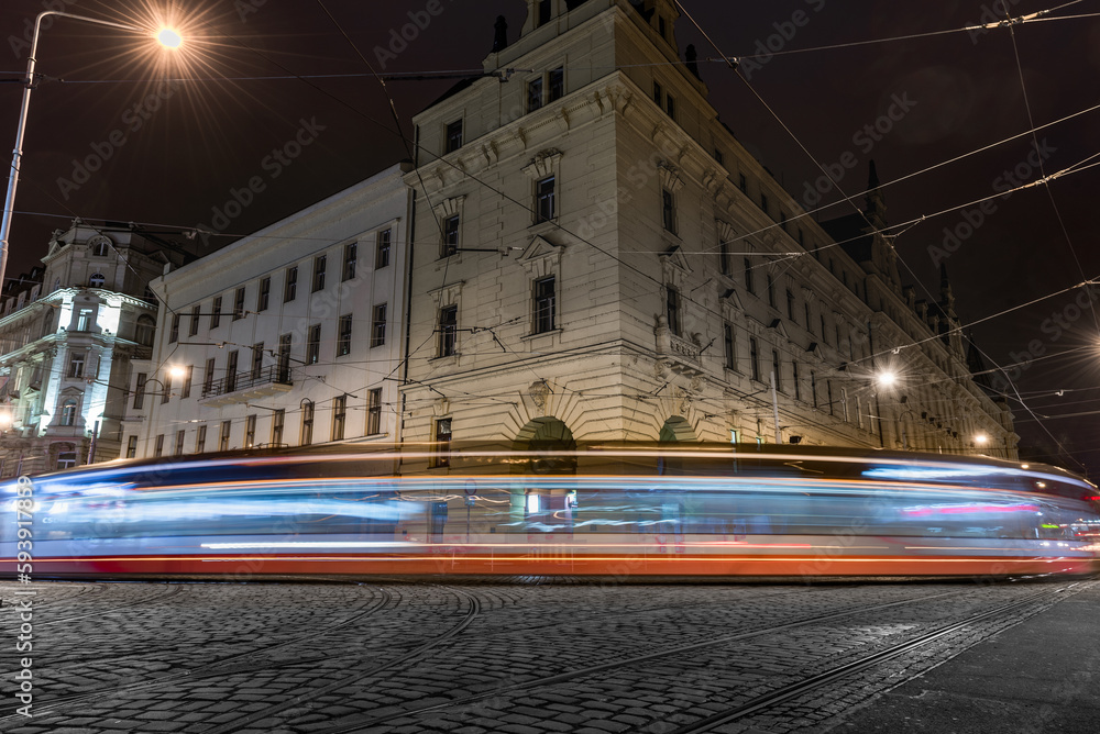 Wall mural Old Town Architecture and Tram in Action in Prague. Long Exposure Photo Shoot. Prague, Czech Republic