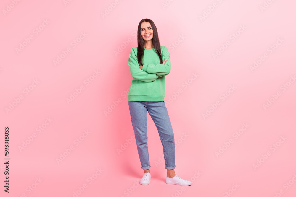 Sticker Full length photo of smile brunette hair lady wear green trendy pullover folded hands look mockup enjoy zara brand isolated on pink color background