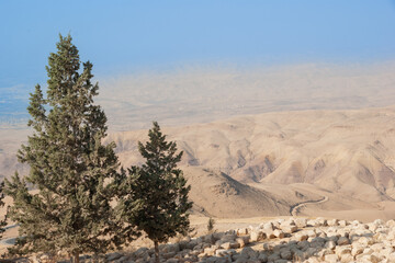 Jordan. Mount Nebo. Magnificent mountain landscapes, ornate serpentine, picturesque Jordan Valley,...