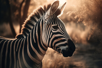 Fototapeta na wymiar zebra on the background of the African savannah, hot day, animals of Africa. ai generative