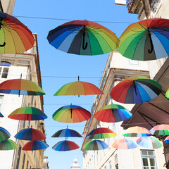 colorful umbrellas in Pink street in lisbon- Lisboa in Portugal