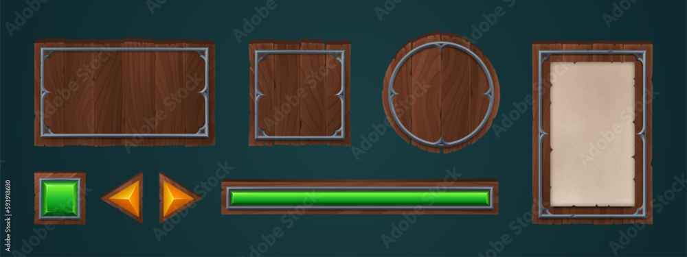 Poster wooden game interface board vector set. cartoon button icon with metal frame texture isolated on dar