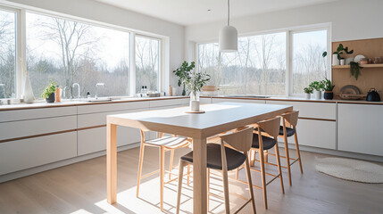 A kitchen room of a beautiful bright modern Scandinavian style house with large windows opening, generative AI