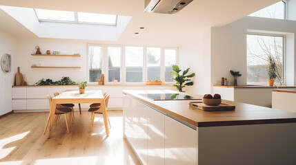 Fototapeta premium A kitchen room of a beautiful bright modern Scandinavian style house with large windows opening, generative AI
