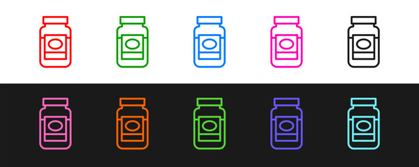 Set line Jam jar icon isolated on black and white background. Vector