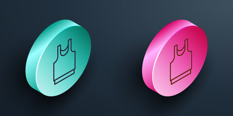 Isometric line Undershirt icon isolated on black background. Turquoise and pink circle button. Vector