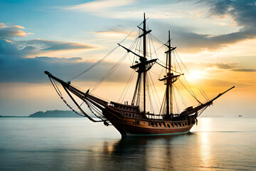Fototapeta na wymiar sailing ship on sunset