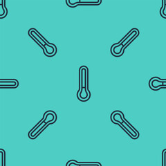 Black line Meteorology thermometer measuring icon isolated seamless pattern on green background. Thermometer equipment showing hot or cold weather. Vector