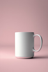White mug mockup. Blank teacup on pink background. AI generative illustration.