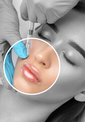 Naklejka premium Cosmetologist makes rejuvenating anti wrinkle injections on the face of a beautiful woman in a yellow blouse. Female aesthetic cosmetology in a beauty salon.