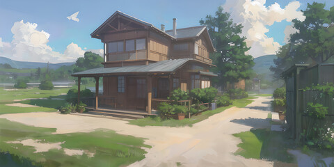 Casa de madera estilo rústico japonés en pueblo boscoso de exhuberante vegetación - Anime realistic illustration - AI Generated Art - obrazy, fototapety, plakaty