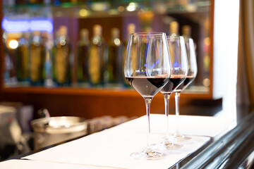 Close-up shot of wine glasses stacked together Ready to serve for the banquet in a luxury restaurant