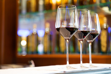 Close-up shot of wine glasses stacked together Ready to serve for the banquet in a luxury restaurant