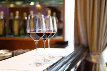 wine glasses lined up Ready to serve for the banquet in a luxury restaurant