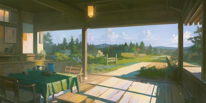 Habitaci&oacute;n de casa rural japonesa con paredes abiertas y vistas a hermoso paisaje natural con huerto y prados verdes - Anime realistic illustration - AI Generated Art