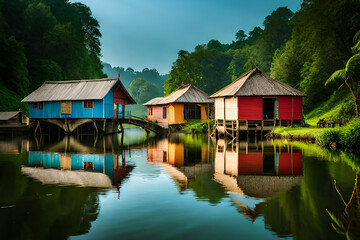 Fototapeta na wymiar floating houses on the river