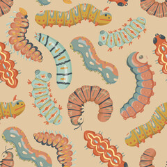 Seamless pattern with cartoon bright caterpillars, slugs and hairy centipedes on white background. Insects background. For banner, children, pattern, decorative. Vector illustration