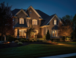 beautiful luxurious Home exterior on suburban town. Soft lighting. Night shot. Luxury concept. Generative AI.
