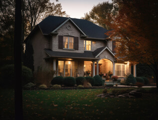 beautiful luxurious Home exterior on suburban town. Soft lighting. Blue hour shot. Luxury concept. Generative AI.
